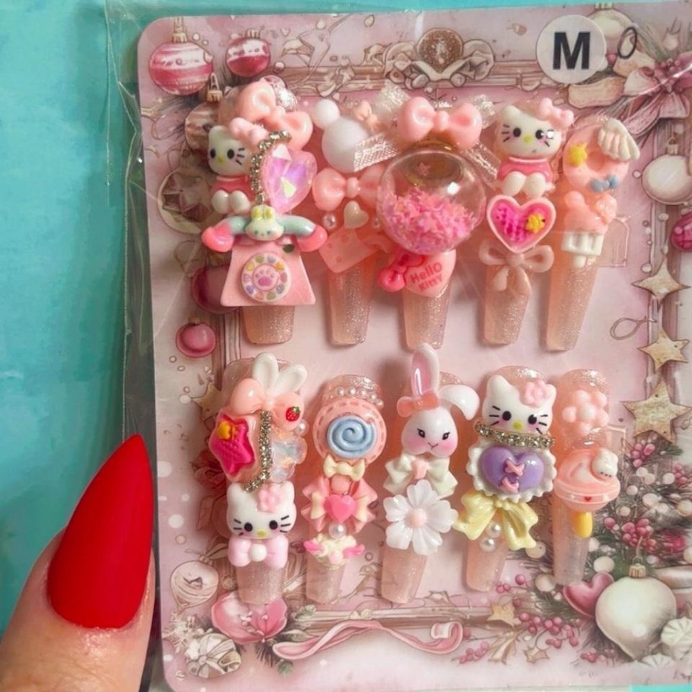 Y2K HANDMADE KAWAII HELLO KITTY X LONG FAKE NAILS SET XS/M